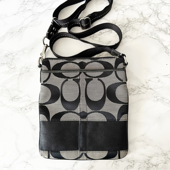 Coach Handbags - 14. Coach Signature Jacquard Stripe Black/Gray/Silver Crossbody Bag *flawed*